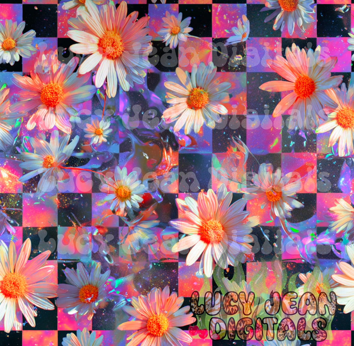 Holographic pink black daisy checkered Seamless File