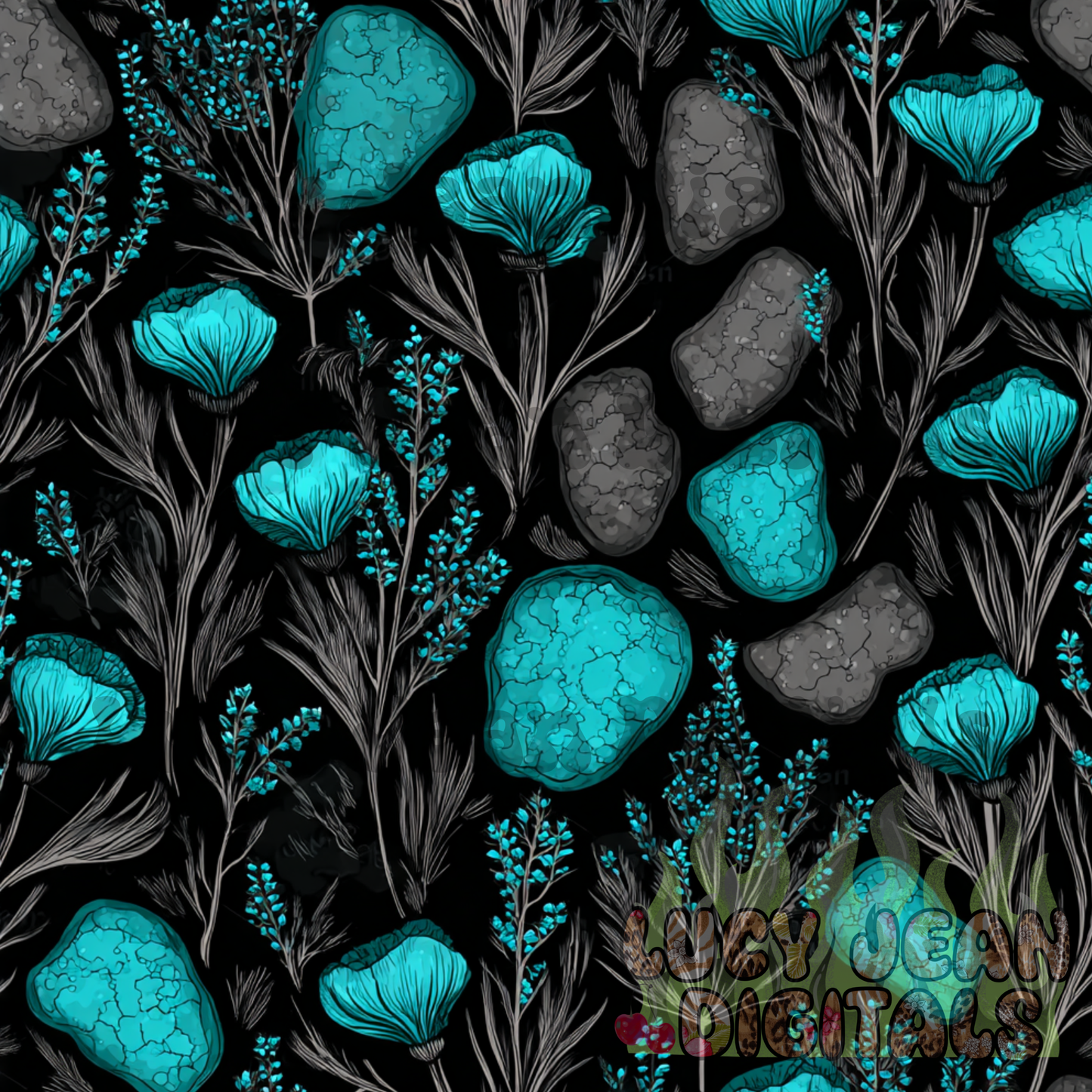 Turquoise/black Wildflowers Seamless File