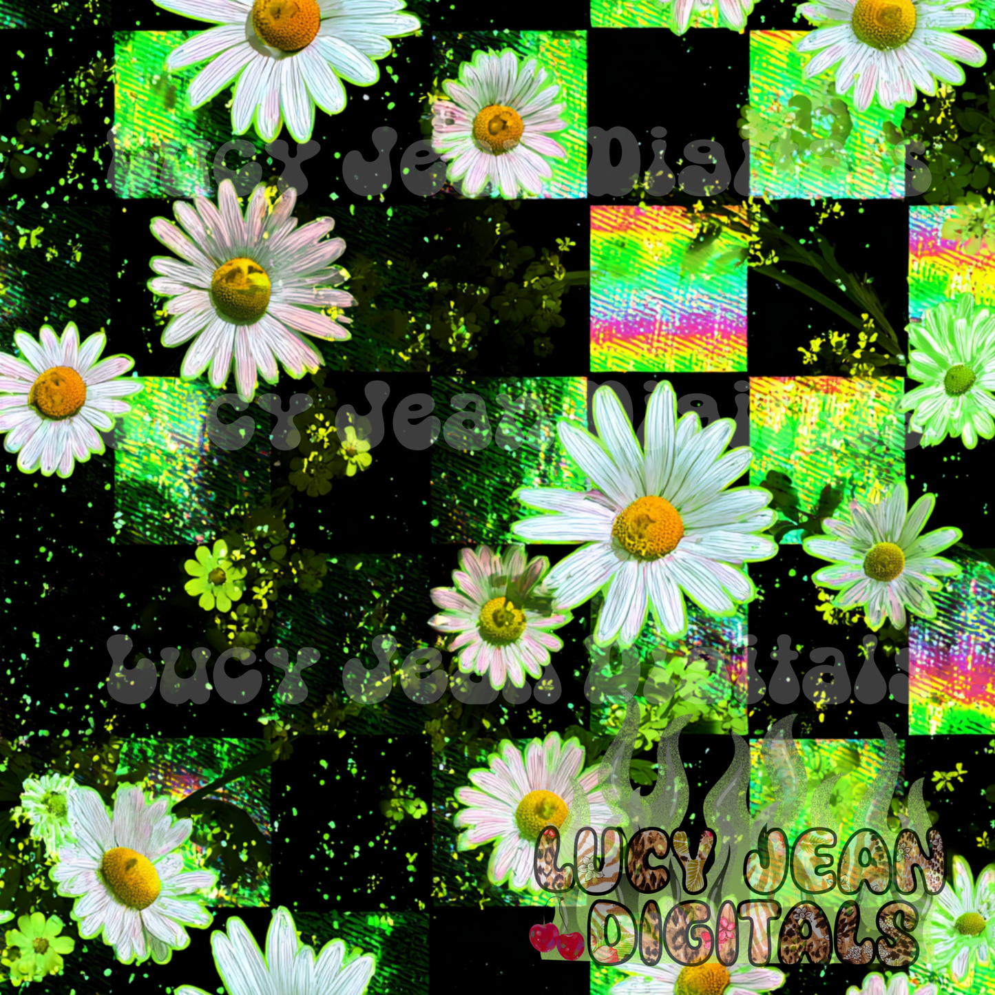 Holographic lime green black daisy checkered Seamless File