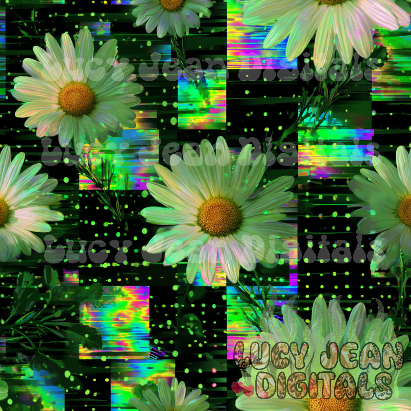 Holographic lime green black flower checkered Seamless File