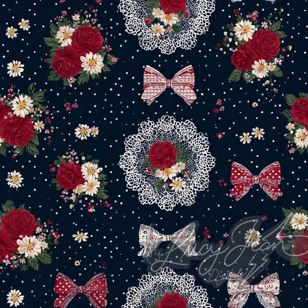 Red white and blue vintage lace floral with bows Seamless File- 2026