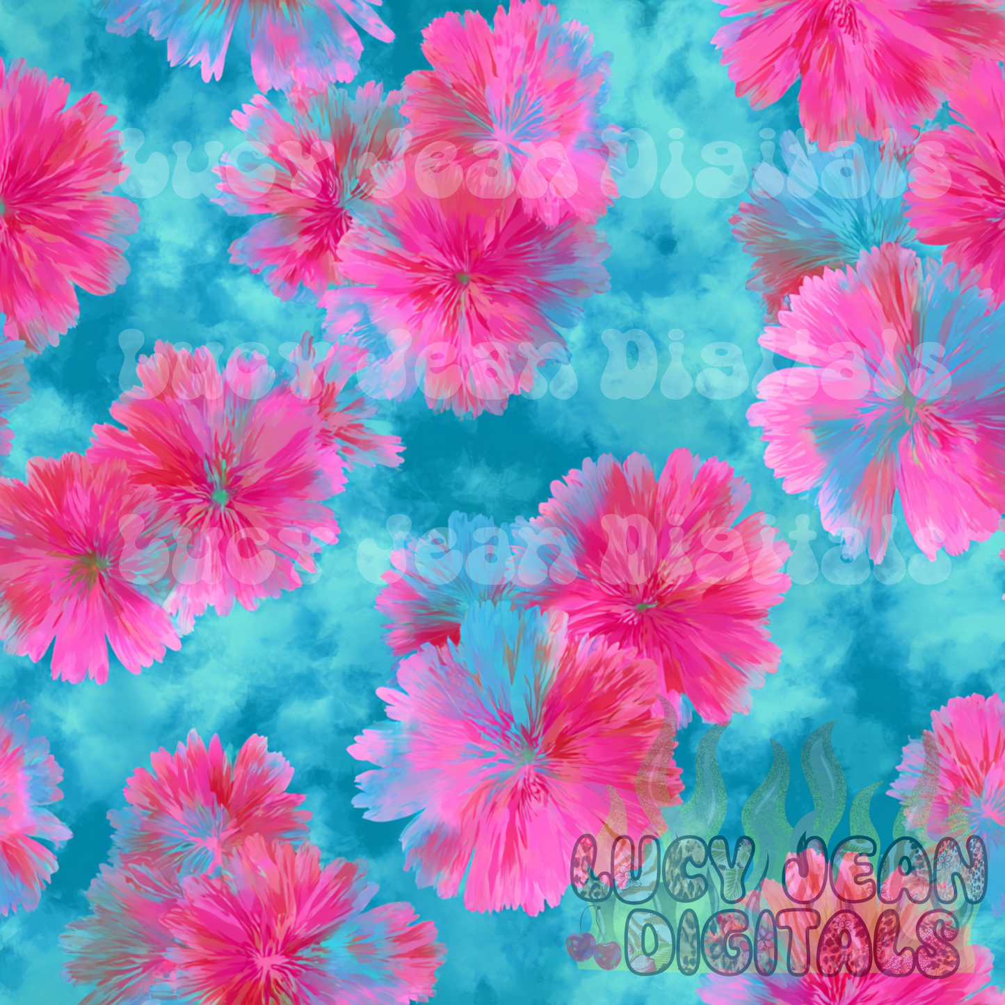 Blue and pink tie dye flowers Seamless File- 2026