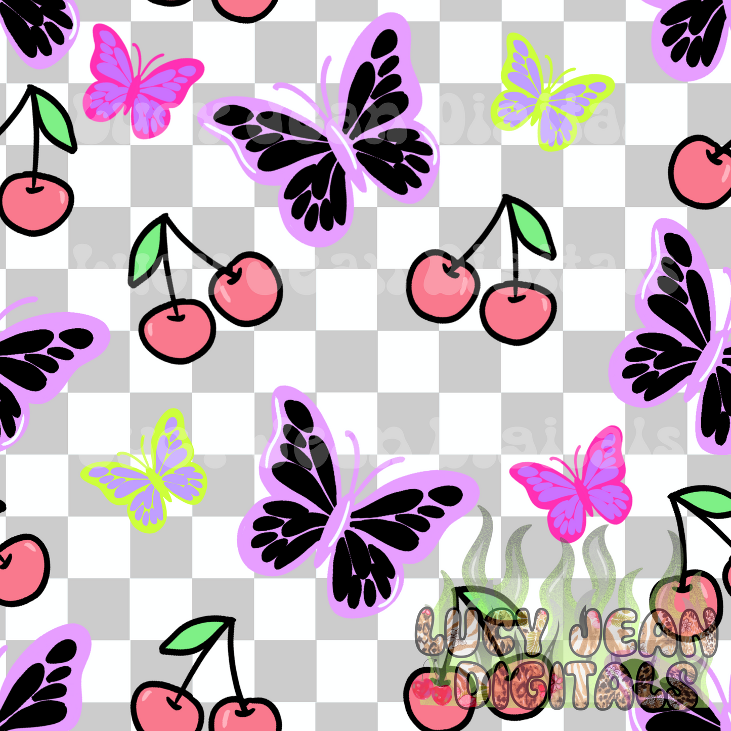 Y2K cherries and butterflies seamless file