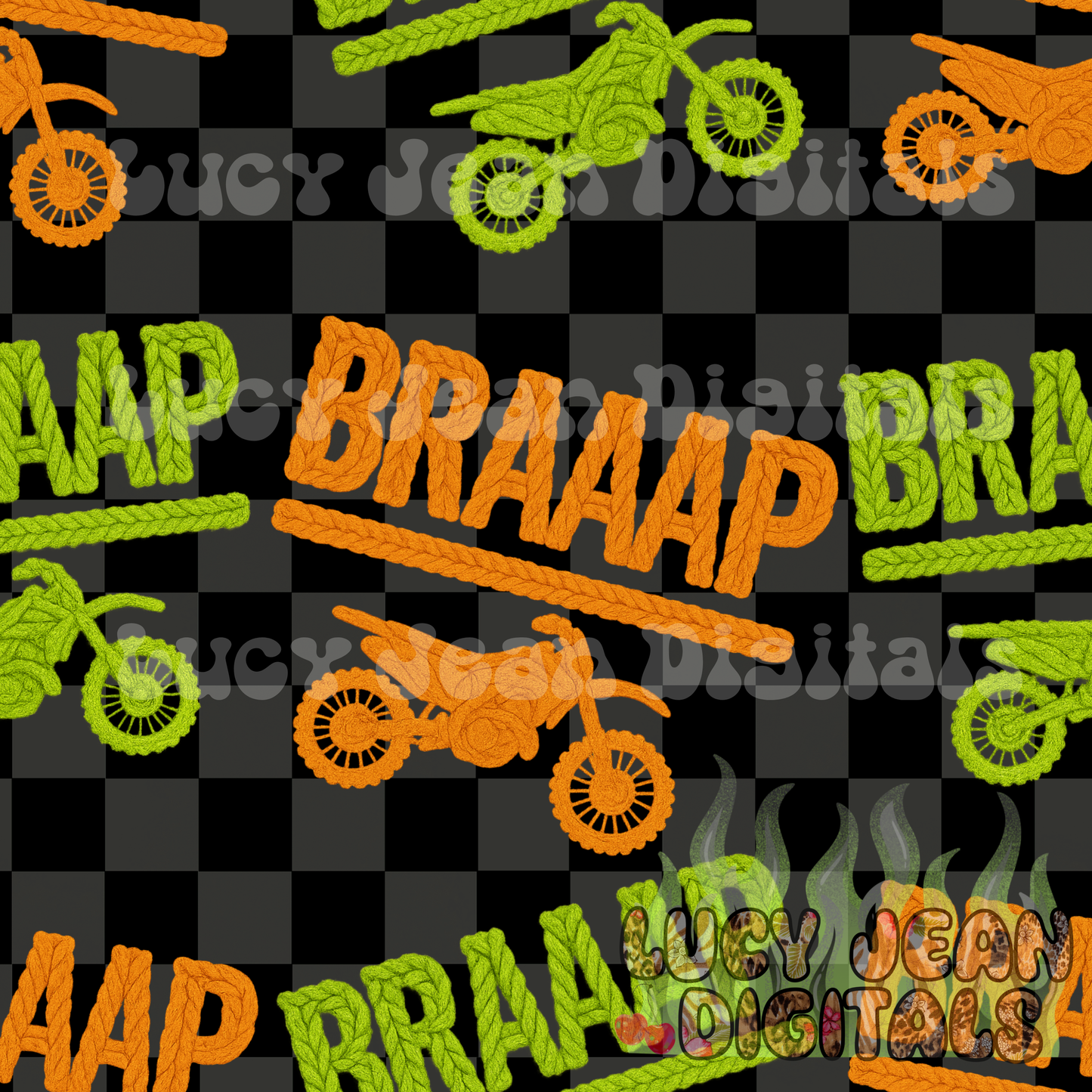 Lime green/orange Moto Braaap crochet seamless file