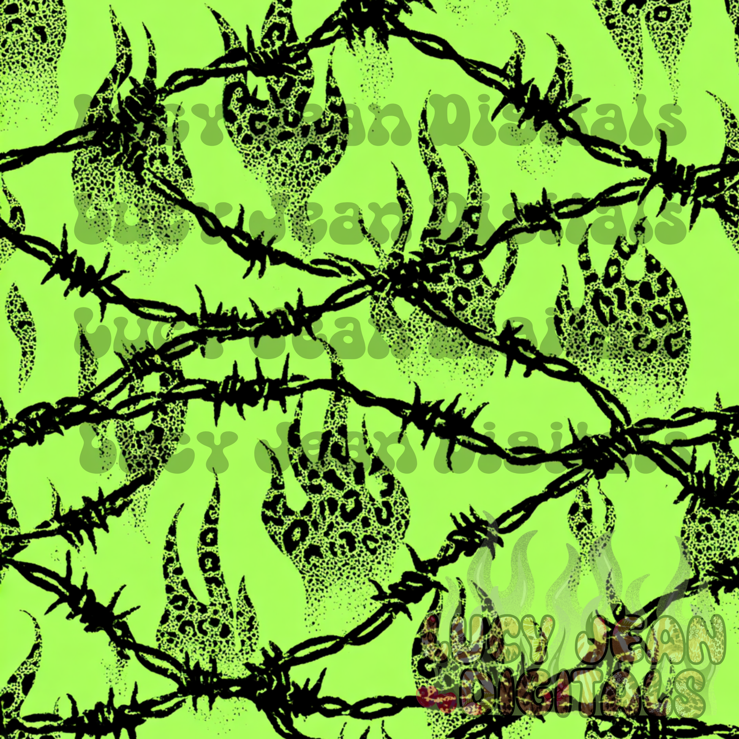 Lime green barbed wire leopard flames Seamless File