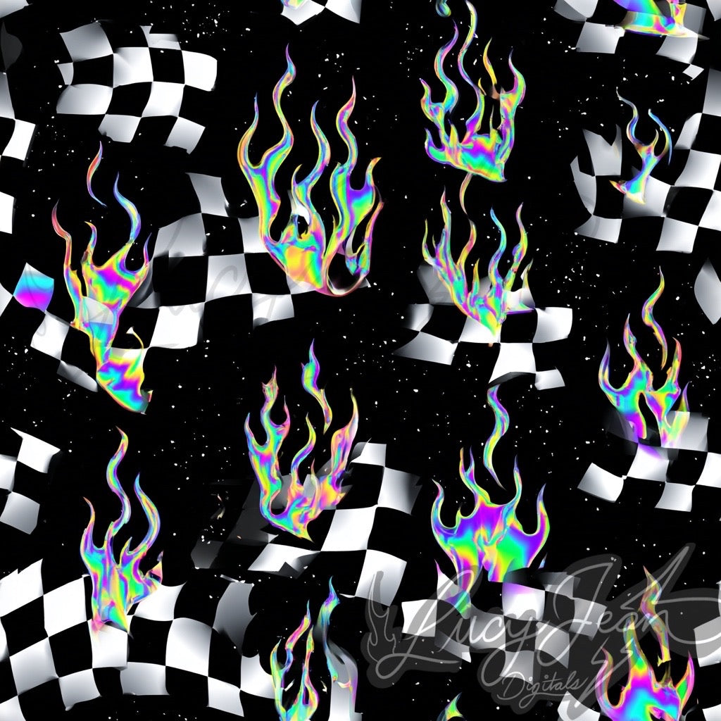 Metallic holographic flames checkered seamless file- 2026