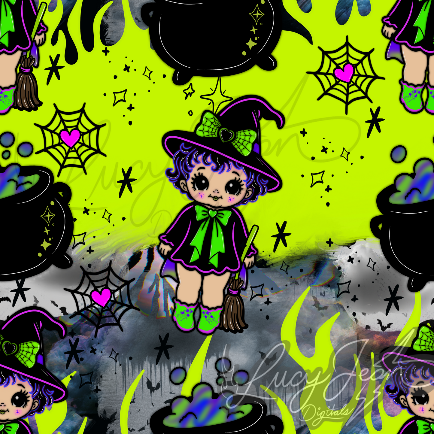 Halloween Witch Kewpie flames seamless file-2026
