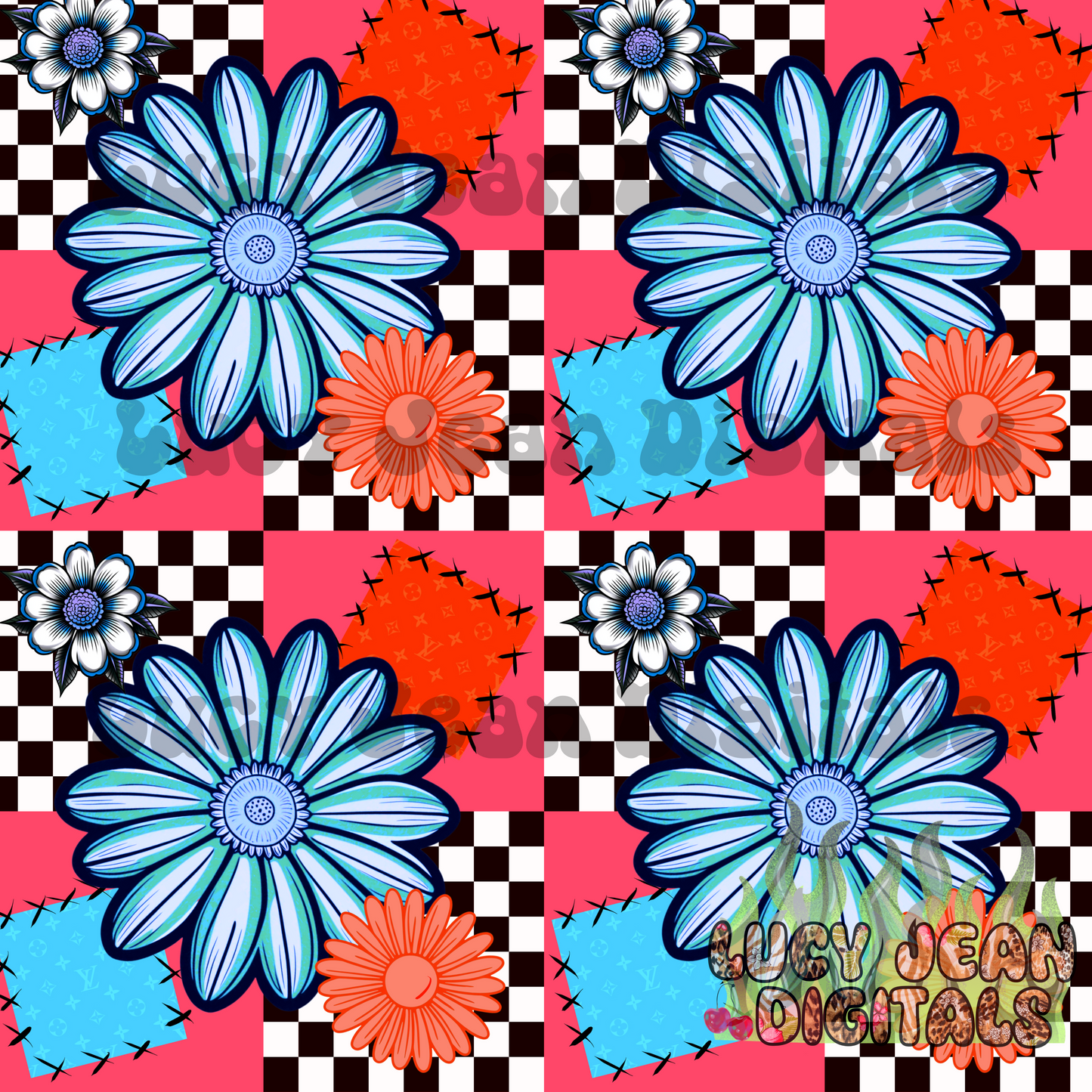 Boujee Bright Neon daisies checkered Seamless File