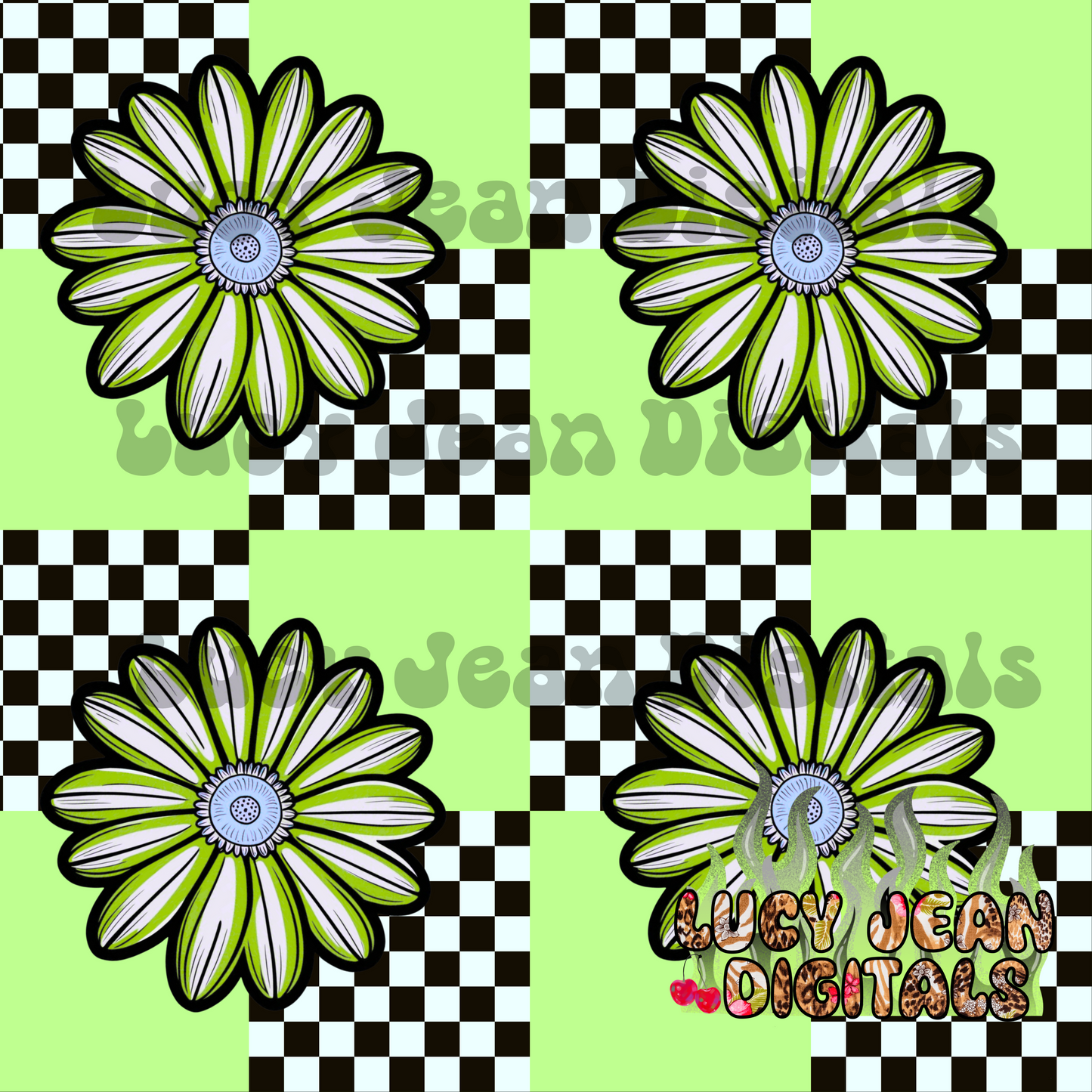 Bright Neon daisies checkered green Seamless File