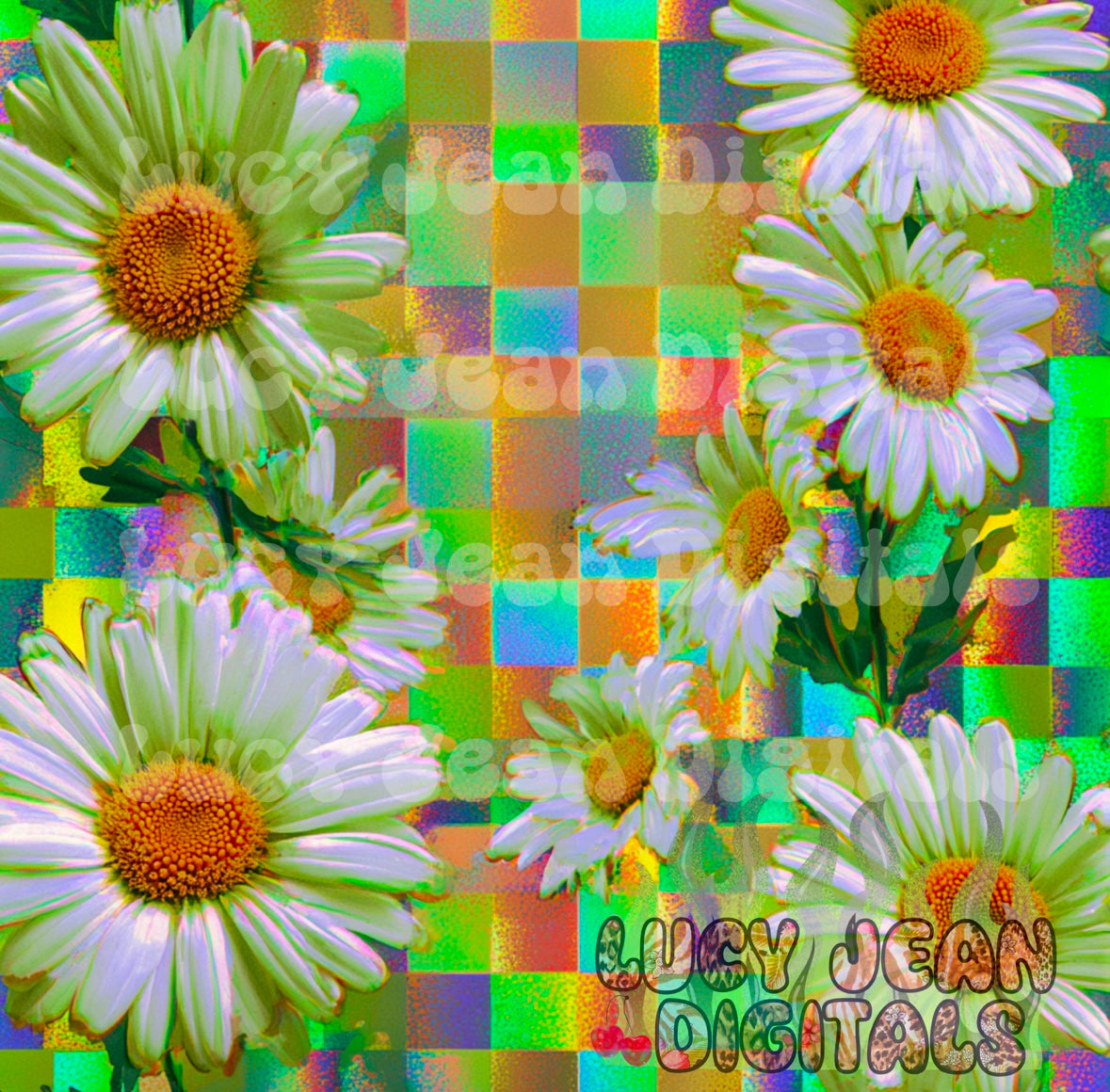 Holographic lime green daisy checkered Seamless File