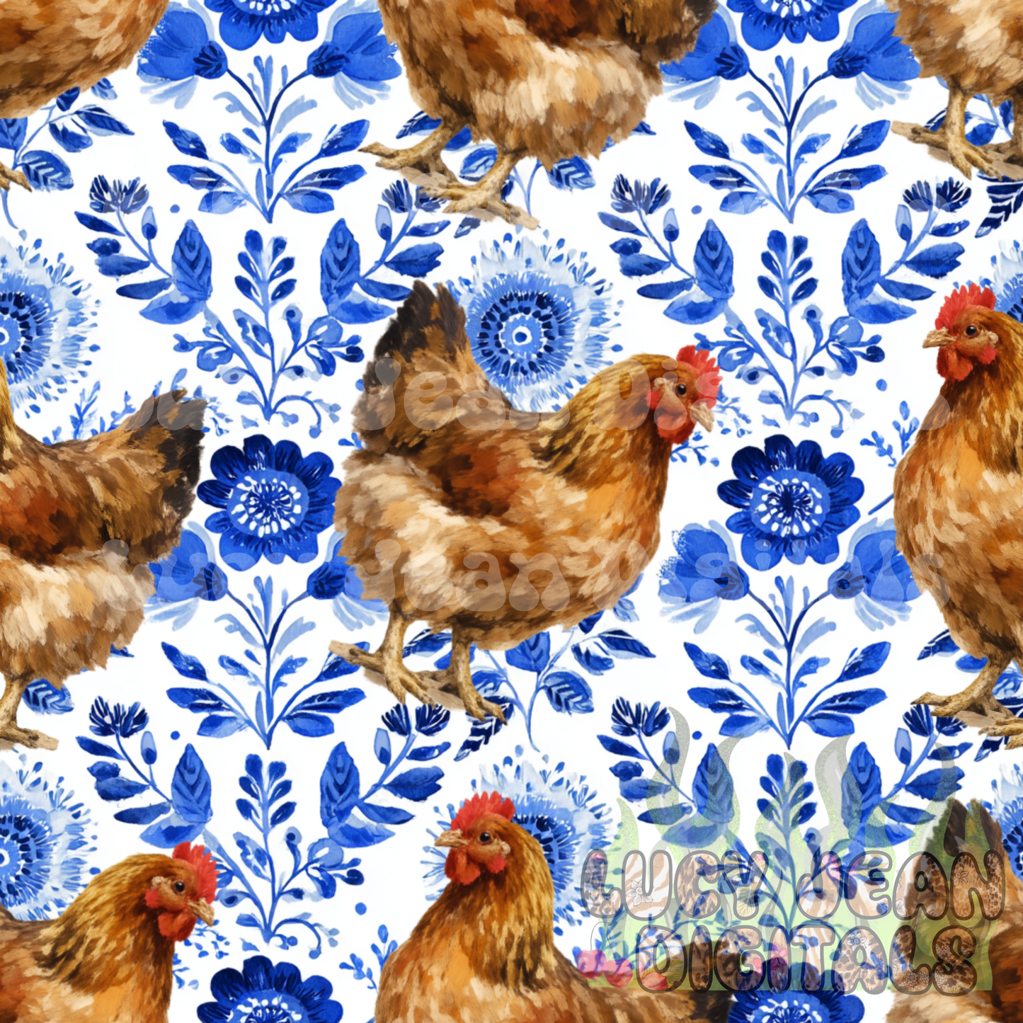 Vintage blue Floral chickens Seamless File