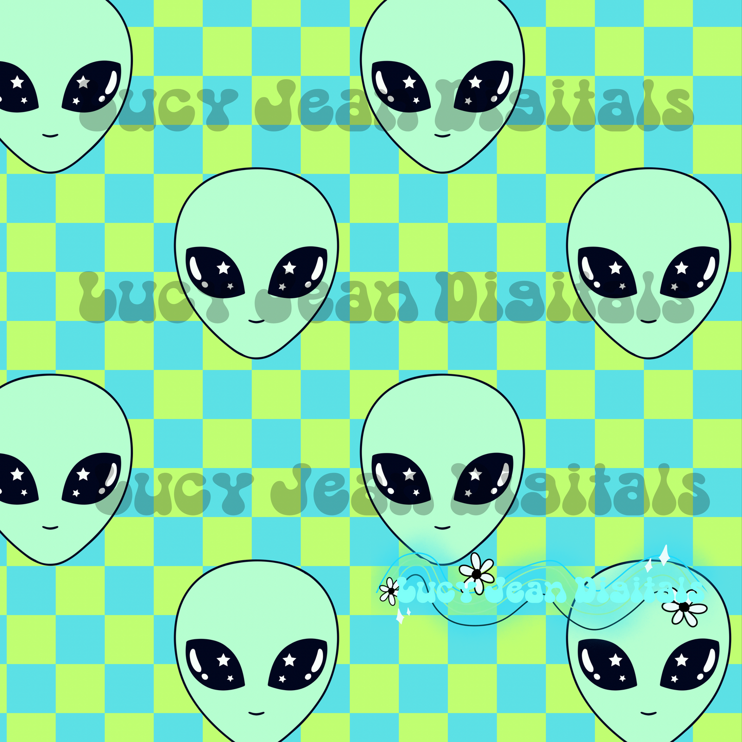 Lime green and blue Checkered Alien  Seamless File