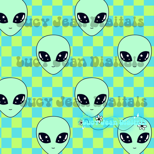 Lime green and blue Checkered Alien  Seamless File