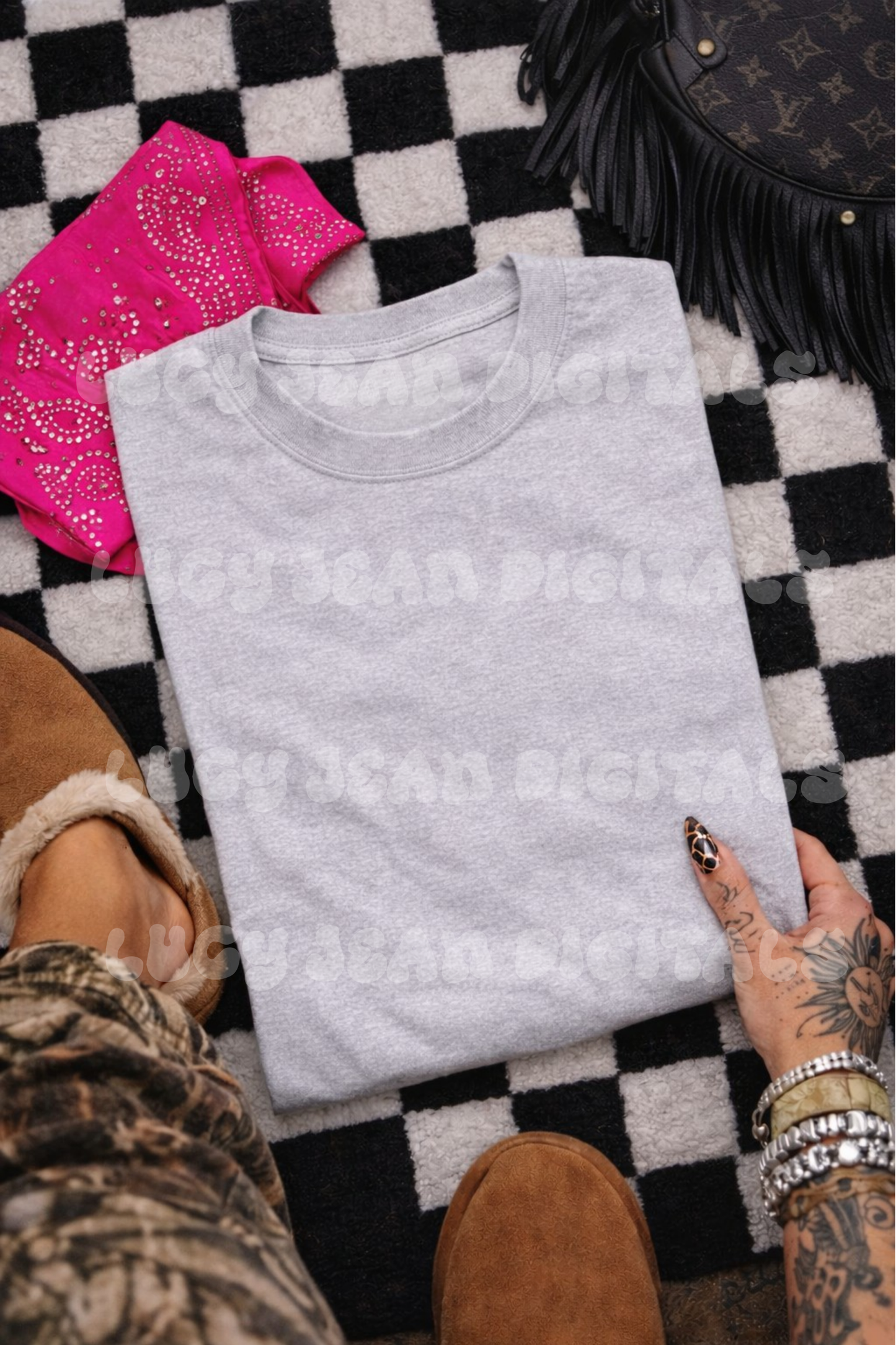 Ash grey tshirt camo pant leg Mock up
