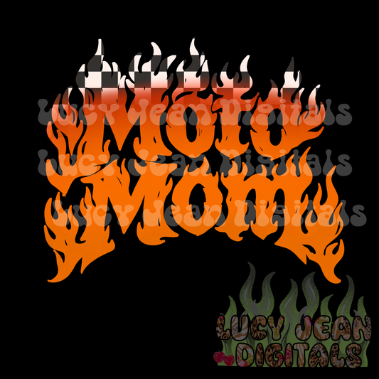 Moto Mom flames checkered orange PNG