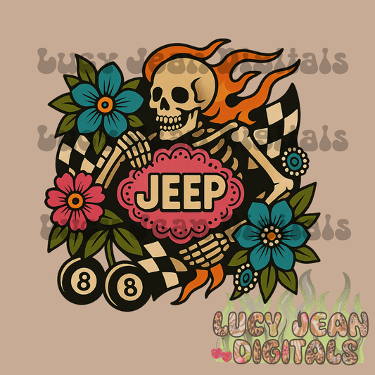 Traditional Tattoo Skeleton car/truck J PNG