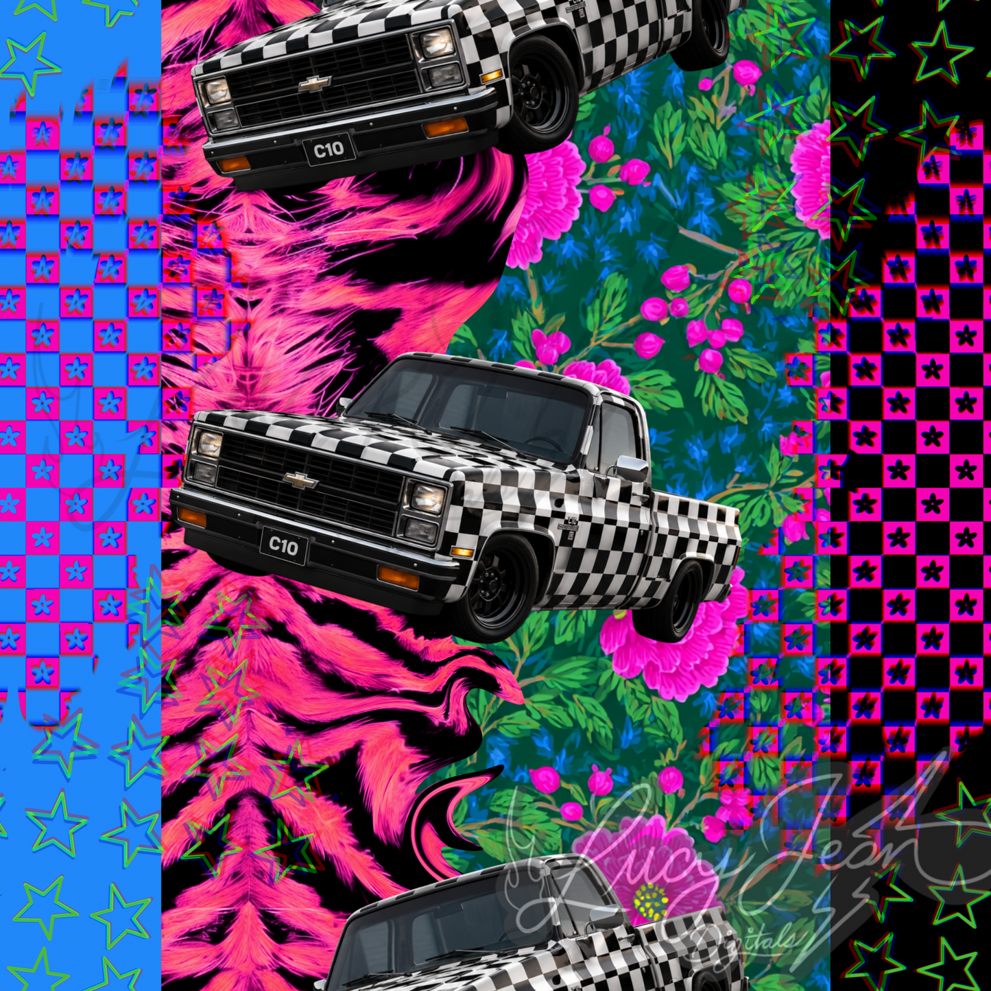 Checkered C square body truck with floral seamless file-2026