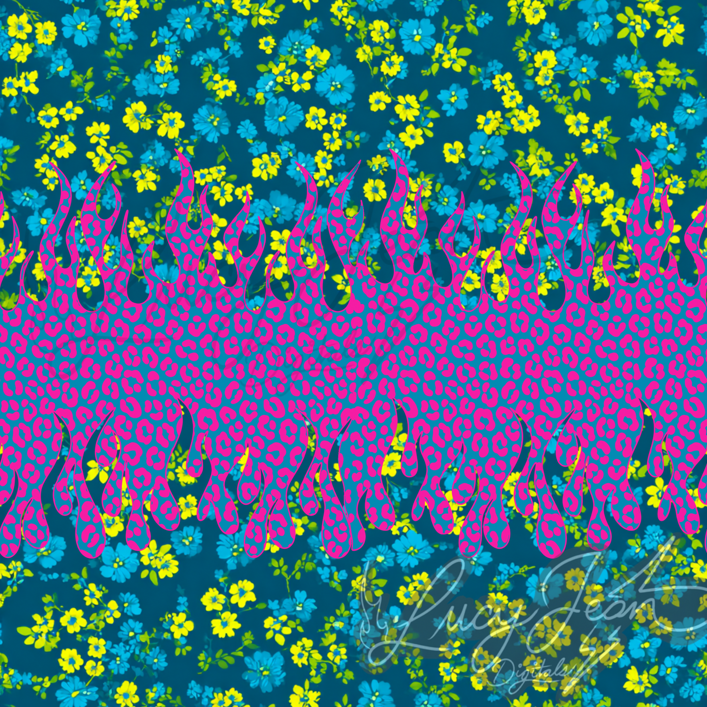 dopamine blue and yellow neon floral with flames seamless file-2026