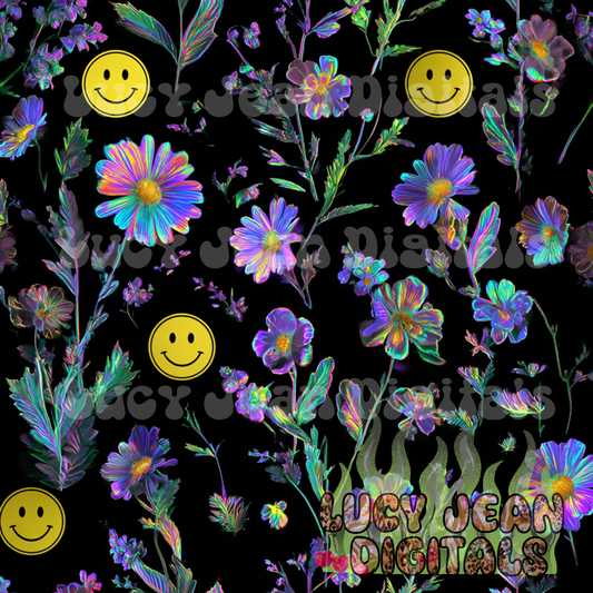 Yellow Smiley holographic wildflowers Seamless File