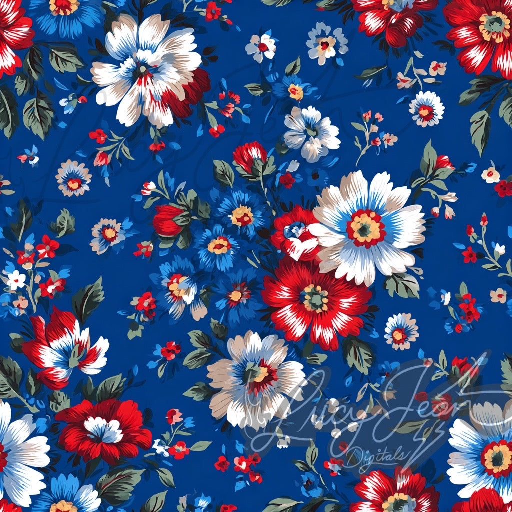 Red white blue Americana vintage floral Seamless File- 2026