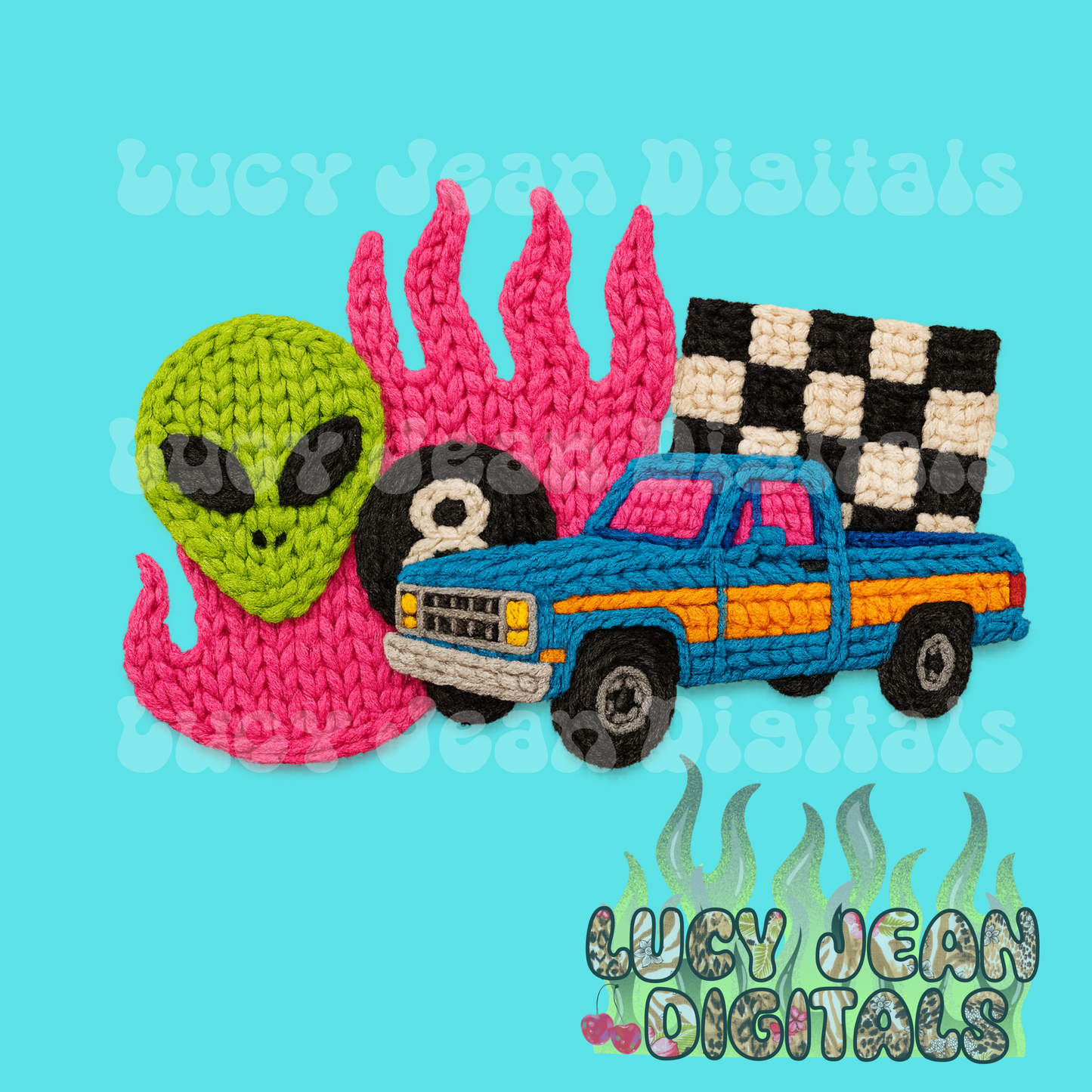 Pickup truck/alien crochet PNG