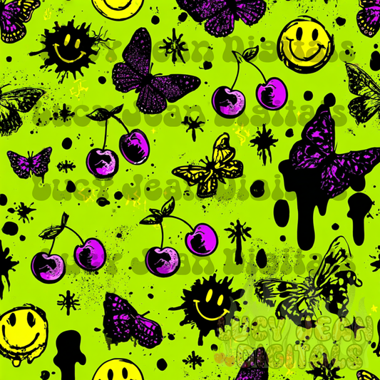 Dopamine lime green smiley face, butterflies seamless File