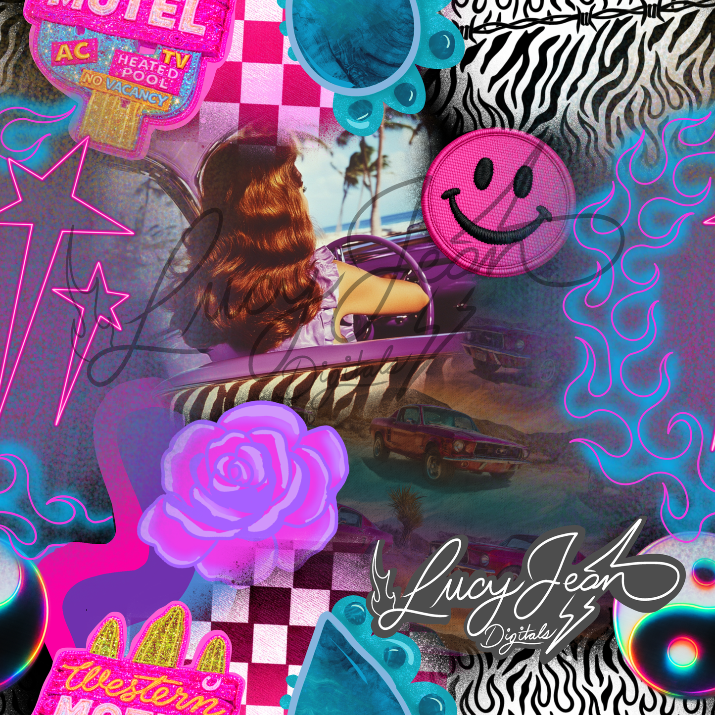 Vintage classic car babe collage seamless file- 2026