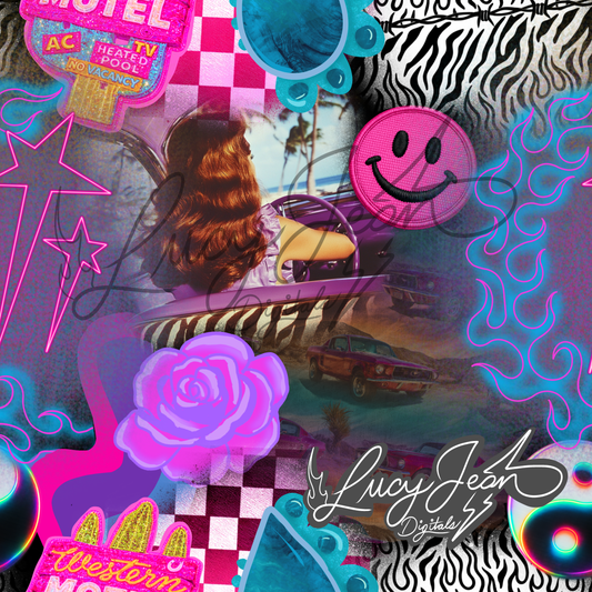 Vintage classic car babe collage seamless file- 2026