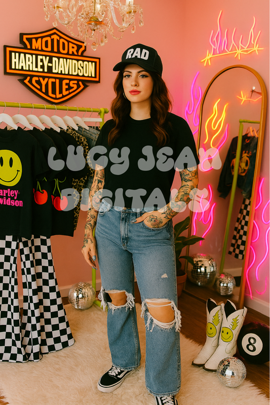 Black tshirt , distressed denim Mockup