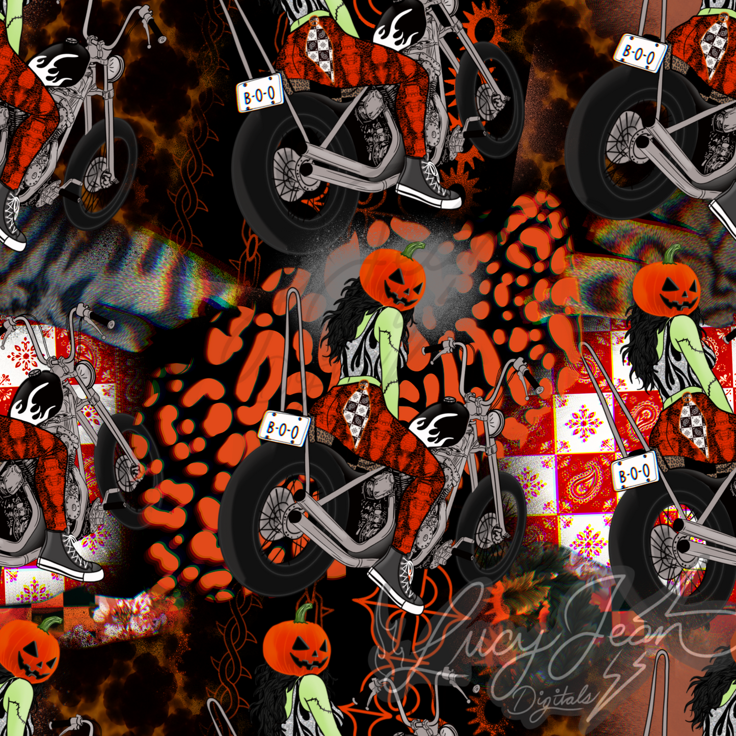 Pumpkin motorcycle babe collage seamless file-2026